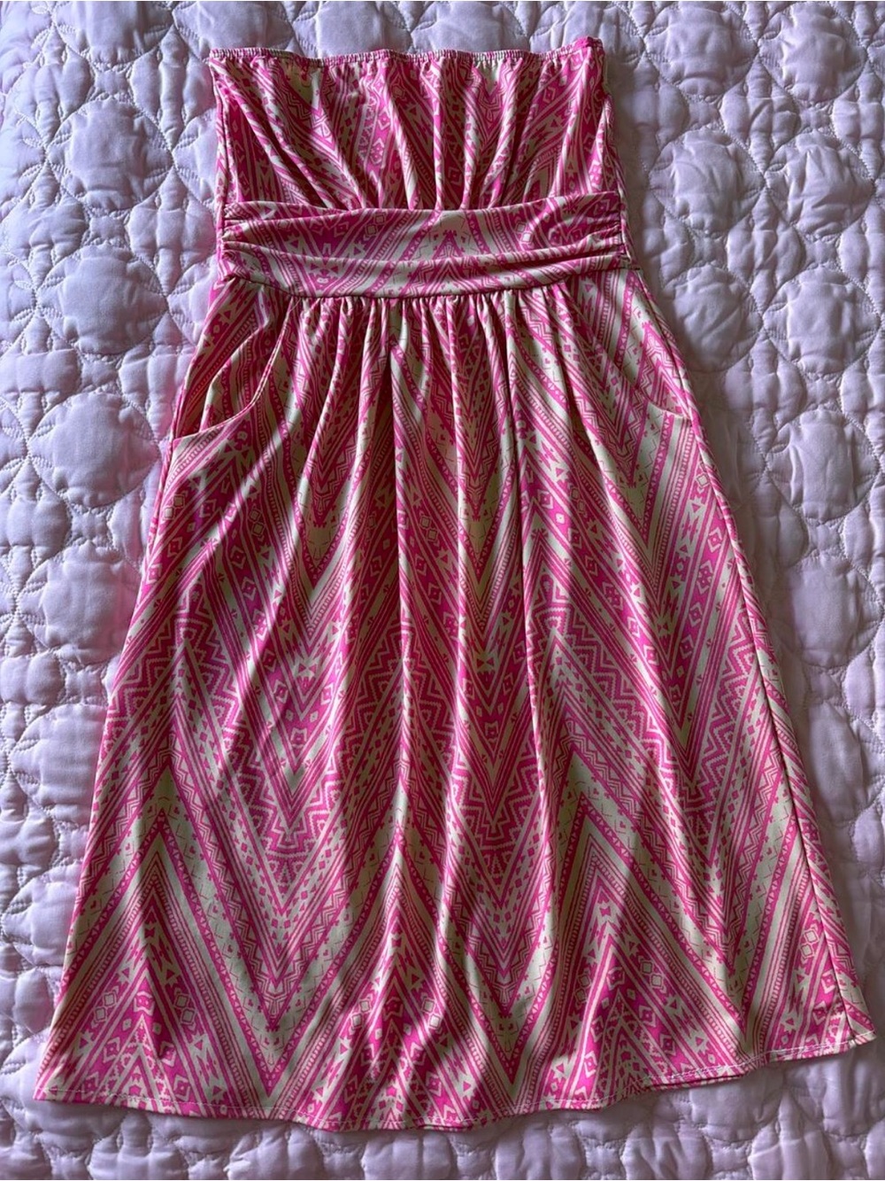 Strapless Pink Patterned Mini Dress with Gathered Waist